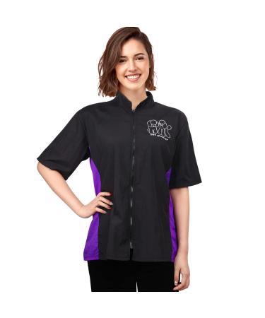Noverlife Pet Grooming Workwear with Full Zipper M Size Anti-Static Pet Beautician Work Clothes Lightweight Hair Repellent Shirt Style Pet Groomer Smock for Dog Cat Grooming Shop M(Pack of 1) Black & Purple Patchwork (with Embroidery Pattern)