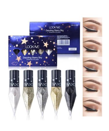 Go Ho Glitter Liquid Eyeliner Colorful Set 5 Colors Metallic Shimmer White Silver Gold Diamond Eye Liner Glitter Eyeliner Korean Makeup Waterproof Long Lasting Glow Eyeliner Sparkle Eyes Makeup Set 2