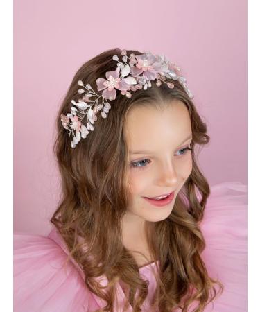 IYOU Flower Girl Headband Pink Floral Headpiece Pearl Leafs Commmunion Hair Vines Bridal Wedding Hair Accessories for Girls - Buy Online on SooperMarket.com