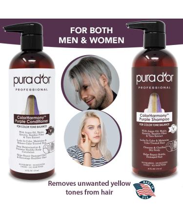 PURA D'OR ColorHarmony Purple Shampoo & Conditioner Set - 16oz x 2, Biotin for Bleached Blonde & Silver Hair, Keratin & Bamboo Fiber, No Sulfates, Natural Ingredients - Men & Women - Buy Online on SooperMarket.com