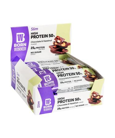 BornWinner Slim High Protein Bar Chocolate & Hazelnut 50 percent protein content 25 g protein per bar 12x50g