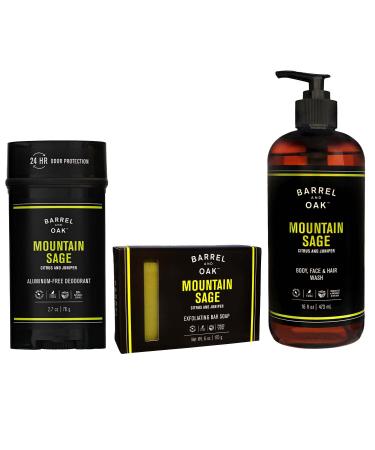 Barrel and Oak - Men's Body Care Set Mountain Sage Scented Variety Pack Essential Oil-Based Scent Cedar & Patchouli Blend Bar Soap (6 oz) Body Wash (16 oz) & Deodorant (3 oz) | 3-Pack