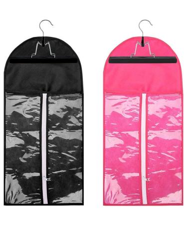 POFET 2pcs Fashion Hair Extensions Wig Storage Bag Holder Case Protector + Hanger - Black and Pink