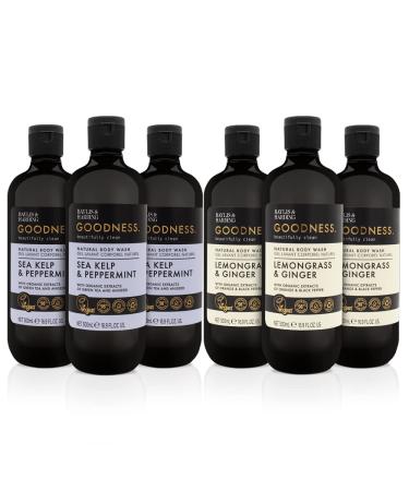 Baylis & Harding Goodness Body Wash Bundle: 3 x 500 ml Sea Kelp & Peppermint & 3 x 500 ml Lemongrass & Ginger (6 bottles) - Vegan Friendly Body Wash Bundle 2