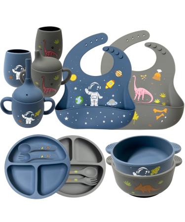 Soft Silicone Baby Feeding Set with Pattern Baby Led Weaning Supplies with Adjustable Bib Suction Bowl Suction Divided Plate Straw Cup First Stage Spoon & Fork Space&dinosaur