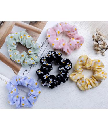 Daisy Scrunchies Hair Elastics for Women Girls Satin Hair Scrunchies with Daisy Flower Hair Rubber Bands for Thick Hair Styling Accessories 5 Pcs
