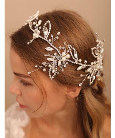 Deniferymakeup Rhinestone Pearls Wedding Hair Accessory Crystal Headband for Bride Crystal Leaves Hairstyles for Wedding