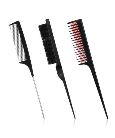 3 Pieces Hair Styling Comb Set, Includes Hair Brush Teasing Fluffy Hair Brush, Rat Tail Comb Teasing Comb and Triple Teasing Comb for Women Back Combing Hair (Black, Red and Black)