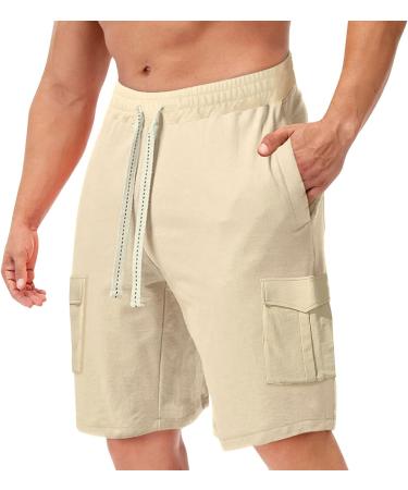 Men's Solid Color Drawstring Pocket Shorts - Elastic Waist Workout Shorts in Khaki, Size Large - Buy Online on SooperMarket.com