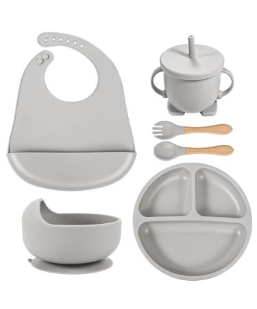 Silicone Baby Weaning Set 6 Pcs Toddler Feeding Set Includes Adjustable Bib Divided Plate Suction Bowl Drinking Cup Fork and Spoon for Babies Toddlers Kids (Grey)