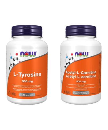 NOW L-Tyrosine (Freeform) Capsules 500mg 120 Count & Acetyl L-Carnitine 500mg 100 vcaps Tyrosine + L-Carnitine 100 Count (Pack of 1) Unflavored 120 Count (Pack of 1)