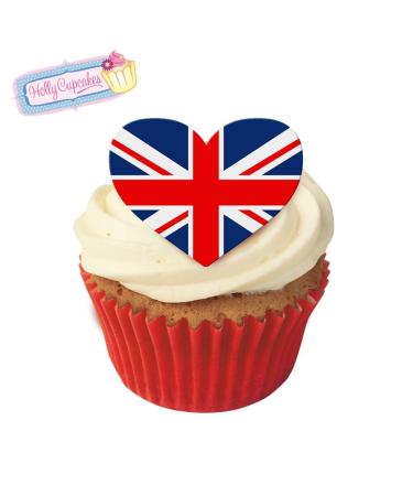 12 Edible Flag Design Cake Decorations Plus 12 Smaller Heart Toppers: UK Flag