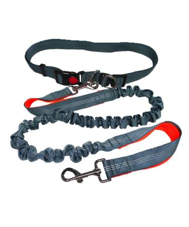 QitinDasen Grey Hands Free Dog Leash Adjustable Waist Belt and Dual-Handle Retractable Bungee Leash Jogging Dog Leash with Reflective Stitching (Orange Handle)