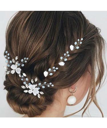 Handcess bride wedding hair needles silver flower hair parts rhinestone crystal hair clips bride hair accessories for women and girls (5 pieces)