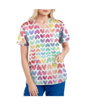 TUNUSKAT Short Sleeve Scrubs Women Summer Colorful Hand Print 4 Pockets Nursing Uniform Plus Size Tops V Neck T Shirt Blouse XX-Large 01_multicolor