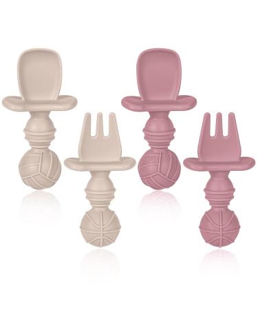Baby Fork and Spoon Set 4 Pcs Silicone Toddler First Self-Feeding Cutlery Easy Grip Toddler Utensils for Baby Led Weaning 6 Months+ (Beige&Pink)