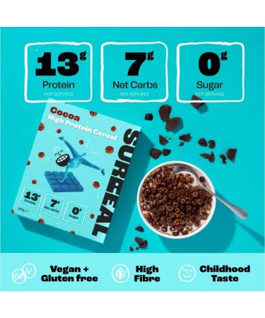 Surreal Cocoa - High Protein Cereal - Low Sugar- Healthy Plant Based Cereal - High in Fibre - Low Carb - Gluten Free - Vegan - 13g of Protein 0g of Sugar - 240g per Box - 4 Pack (4 x Cocoa) 240 g (Pack of 4) - Buy Online on SooperMarket.com