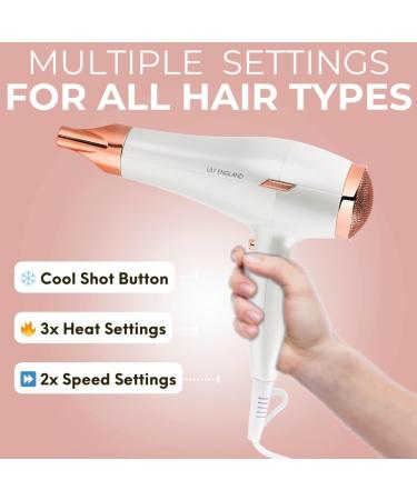 Lily England Lightweight Hair Dryer - Quiet & Powerful with Cold Setting, White & Rose Gold - Buy Online on SooperMarket.com