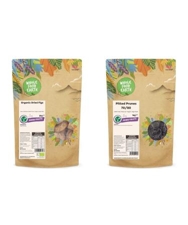 Wholefood Earth Organic Dried Figs 2 kg | Raw | Sundried | GMO Free | Vegan | High Fibre | Certified Organic & Pitted Prunes 70/80 1kg | GMO Free | Natural | Vegan | High Fibre