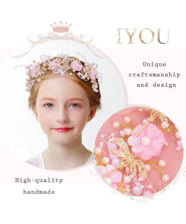IYOU Flower Communion Headpiece Pink Floral Princess Headbands Pearl Butterfly Birthday Wedding Hair Accessories for Girls - Buy Online on SooperMarket.com