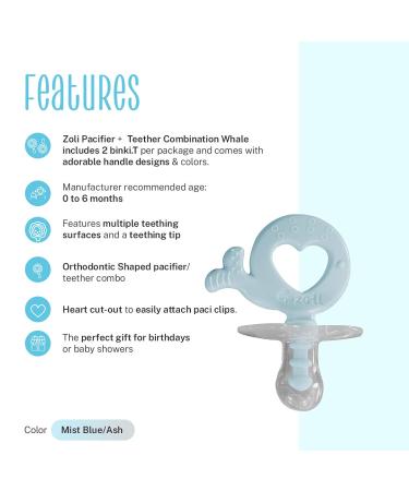 ZoLi Binki.T Pacifier+Teether | Silicone Orthodontic Shape | Whale Design | 0-6 Months | Mist Blue/Ash Grey - Buy Online on SooperMarket.com