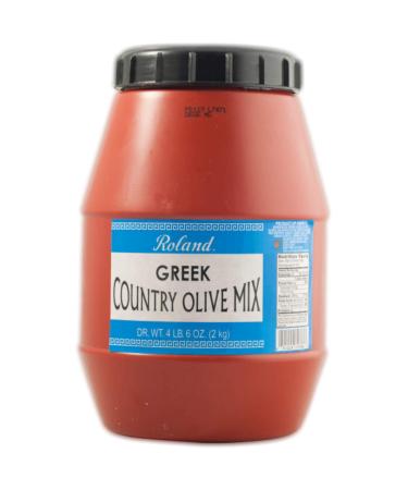 Roland Foods Greek Country Olive Mix, Whole Olives Marinated with Garlic and Pepperoncini Peppers, Specialty Imported Food, 4 Lb 6 Oz Tub
