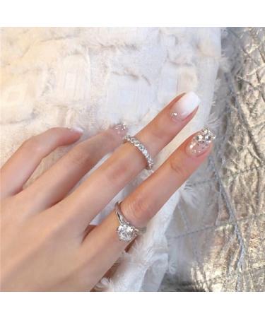 Shiny white press on nails 24PCs bling silver glitter false nails with rhinestone French design nail art for women and girls party salon