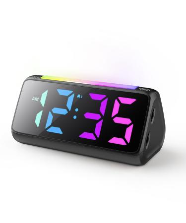 Netzu alarm clock digital digital alarm clock children with light colorful LED display 0-100% brightness dimmer 2 alarms snooze 3 alarm clock thickness USB loading connection children's alarm for bedrooms black