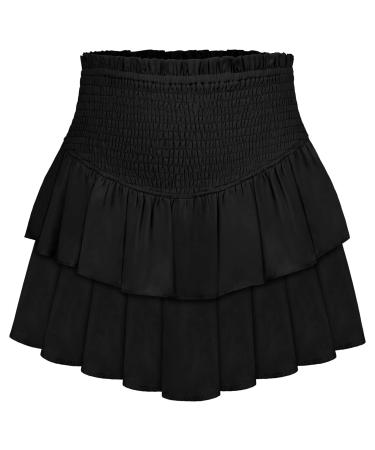 LAEMILIA Womens Elastic Waist Flared Short Skirt Floral Print Pleated Mini Skater Skirt with Drawstring XL 02-black