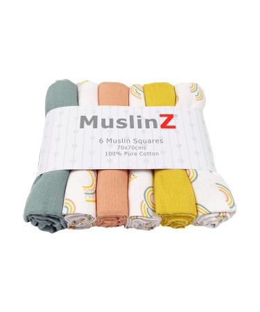 MuslinZ 6pk Baby Muslin Squares Burp Cloths Dribble Cloth Breastfeeding Cover 70x70cm 100% Pure Cotton Absorbent & Breathable (Scandi Rainbow)