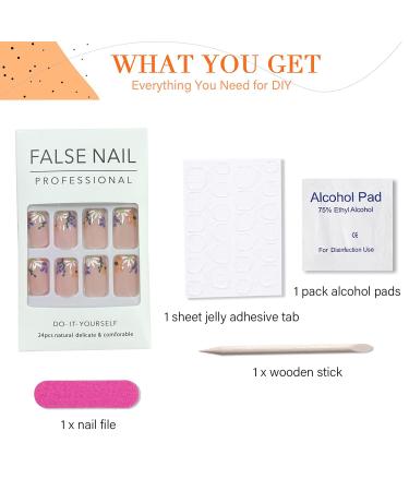 Square Press on Fake Nails 24Pcs Nude Glossy Flower Design - Full Cover Stick on Nails for Women & Girls - Buy Online on SooperMarket.com