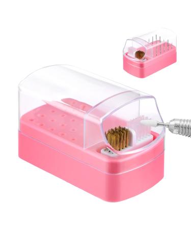 Andibro 2 In 1 Nail Drill Bits Holder 30 Holes Dustproof Nail Bits Organizer Nail Drill Bits Cleaning Brush Case Dustproof Nail Art Drill Bits Stand Display Storage Box Cleaner Manicure Tools(Pink)