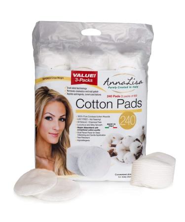 AnnaLisa 100% Pure Combed Cotton Rounds 3 Packs of 80 Hypoallergenic & Absorbing Cotton Pads for Face/Makeup/Nail Polish Removal |240-Piece Italian Round Facial Cleansing|