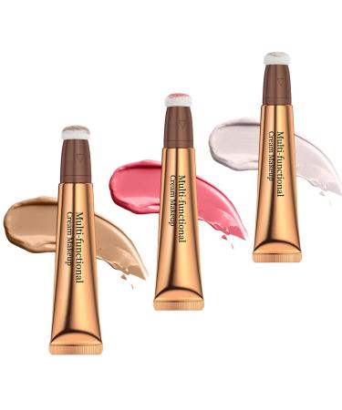 Ofanyia liquid highlighers blush contour liquid facial concealer contour with a pillow applicator high opacity creamy contoured rouge-stick3 piece Fair to medium contour+pink blush+pearl white highlighter