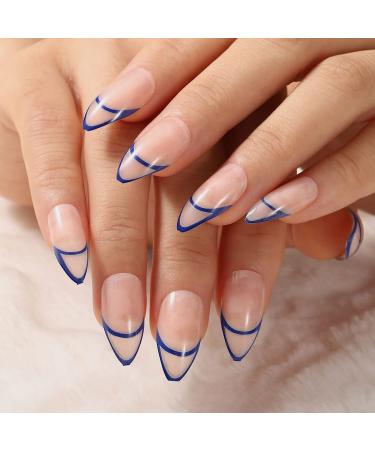 Glossy Almond Press on Nails Blue Line - 24Pcs Medium Oval Geometric French Tips for Women and Girls - Buy Online on SooperMarket.com