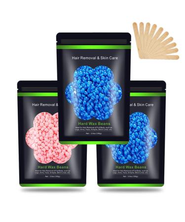 Wax Beads for Hair Removal, Auperwel Hard Wax Beans for Brazilian, Face, Bikini, Eyebrow, Legs, At Home Painless Waxing Beads 10.5oz for Women Men 3 packs 2 Bule 1 Pink
