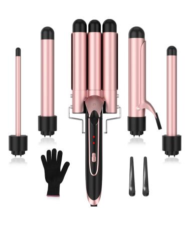 Curling Iron 5 in 1 Curling Wand Set with 3 Barrel Hair Crimper Hair Tool & 4 Interchangeable Ceramic Curling Wand(0.35 -1.25 ) 2 Temps Instant Heating Include Heat Protective Gloves & 2 Clips Pink