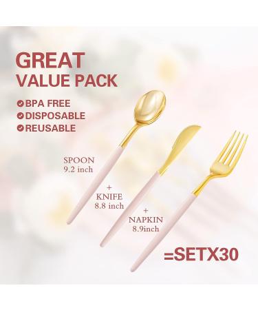 90 Piece Gold Plastic Silverware Set with Pink Handles - Perfect for Parties and Weddings - Buy Online on SooperMarket.com