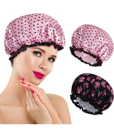 AOOWU Shower Caps 2 Pack Waterproof Bath Caps Large Reusable Shower Hats Elastic Band Double Layers Hair Bath Caps with Soft Ruffled Edge for Women Girls Ladies Spa Salon Home Use 2 Pcs Bowknot+Dots - Buy Online on SooperMarket.com
