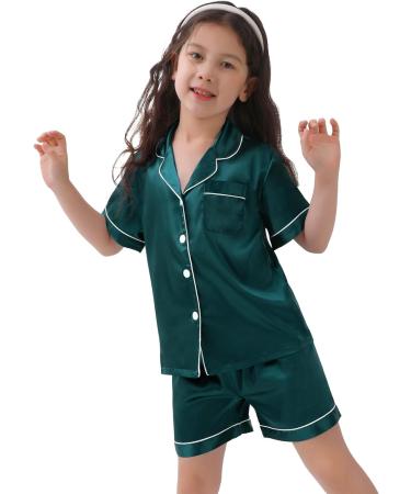 SWOMOG Kids Silk Pyjamas Set - Short Sleeve Button-Down Satin PJs for Boys and Girls, Silky Nightwear for Children and Teens (Ages 4-16), Dark Green - 8-9 Years - Buy Online on SooperMarket.com