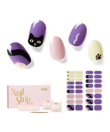 NAILOG Semi Cured Gel Nail Strips 34 pcs Salon-Quality Gel Nail Stickers Long Lasting Nail Wraps for Women with Soft Gel Finish Animal Print Black Cat