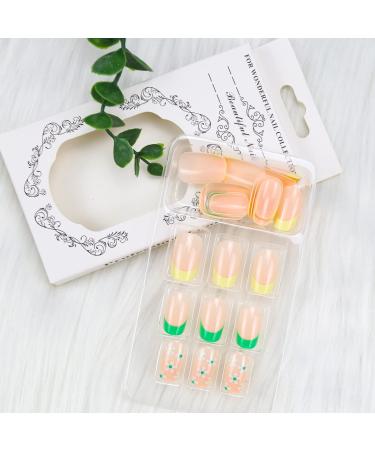 French Tip Press On Nails Short with White Flower Design | Yellow Green French False Nails | Spring Acrylic Stick On Nails for Women - Buy Online on SooperMarket.com