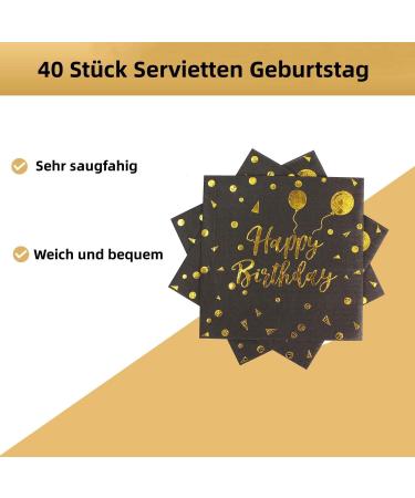 40 Black & Gold Birthday Napkins for Girls - 33x33cm Paper Party Decor - International Shipping - Buy Online on SooperMarket.com