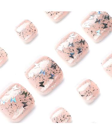 Silver Glitter Butterfly Sequins Toe Nail Press Ons - 24PCS Short Square Fake Toenails for Women | Summer Manicure Glossy Design - Style 13 - Buy Online on SooperMarket.com