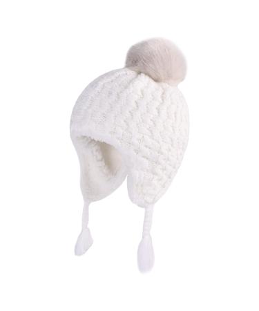 LANGZHEN Toddler Kids Infant Winter Hat Earflap Knit Warm Cap Fleece Lined Beanie for Baby Boys Girls 6-12 Months White