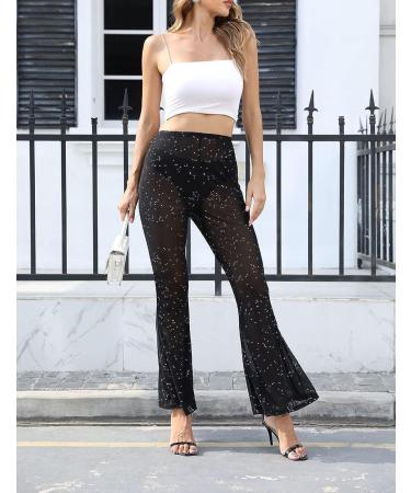 Anlaey Rave Mesh Sheer Dance Pants - Sequin Flared Bell Bottom - High Waist Clubwear for Women (Black, Small) - Buy Online on SooperMarket.com