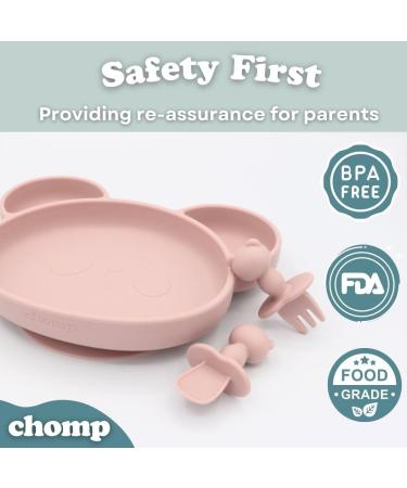 Suction Plate Baby Cutlery Set Chomp - Includes Baby Toothbrush, Weaning Set, Spoon, Fork, Suction Bowls - Rose Pink | Dishwasher Safe - Buy Online on SooperMarket.com