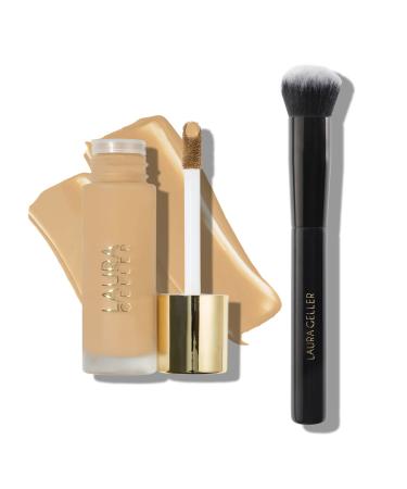 LAURA GELLER Double Take Liquid Foundation Golden Medium - Medium to Full Coverage - Natural Matte Finish & Foundation Makeup Brush Kit (2 PC)