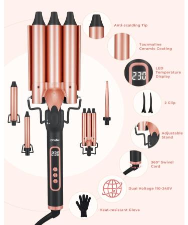 5 in 1 Curling Iron Set - Ohuhu Curling Wand with Interchangeable Ceramic Barrels LED Display & Heat Protective Glove for Perfect Curls - Buy Online on SooperMarket.com