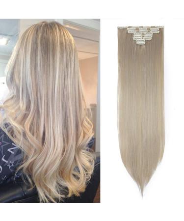 Silk-co Clip in Hair Extensions 26" Blond&Silver Grey 100% Synthetic Hairpiece Extension 8pcs Long Straight Hair Pieces For Full Head 26 Inch Straight #Blond&Silver Grey